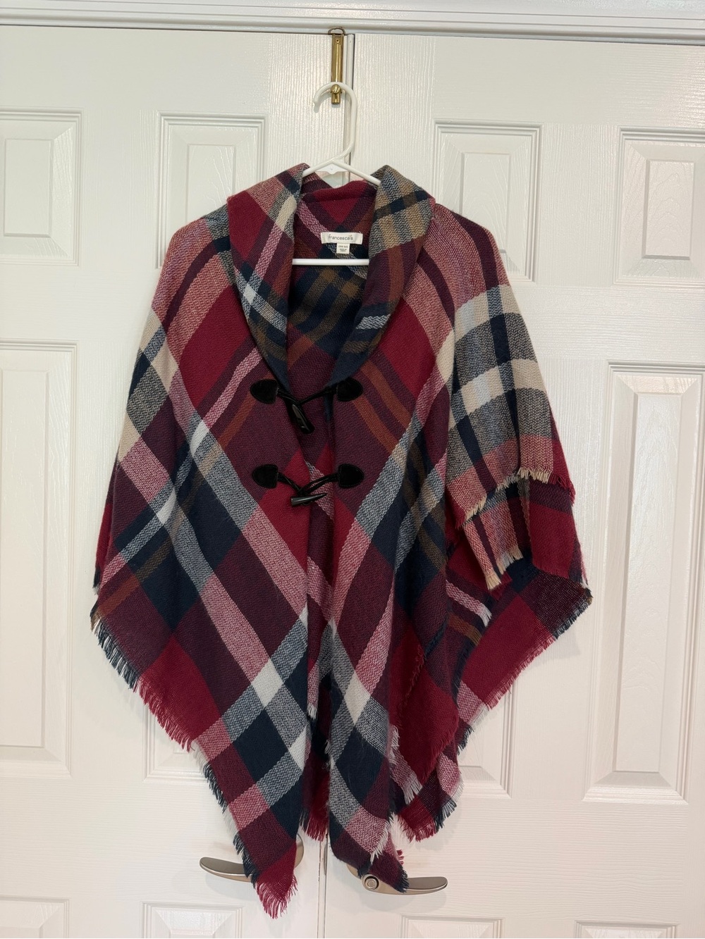 Francesca's Collections Burgundy, Navy & Cream Plaid Toggle Poncho